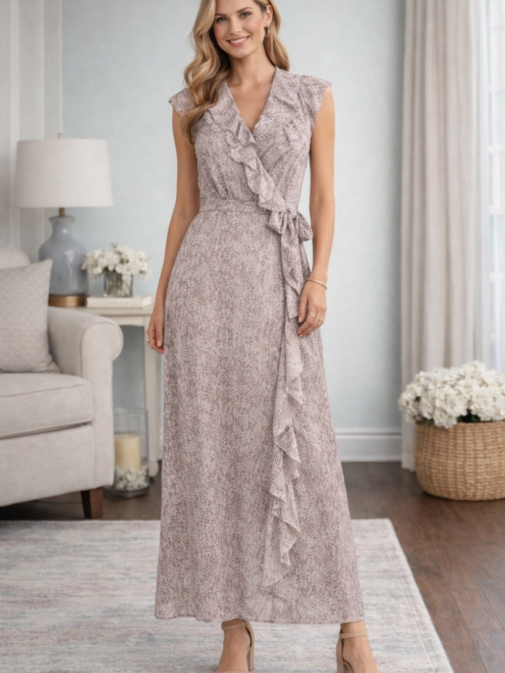 Banana Republic Ruffled Wrap Dress Lined Sheer Snakeskin Print Midi/Maxi Size 2